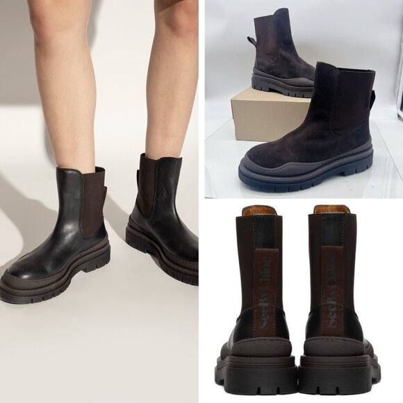 See By Chloe Alli Platform Ankle Chelsea Boots Brown Suede Pull On EU 40 US 10 - Picture 1 of 12